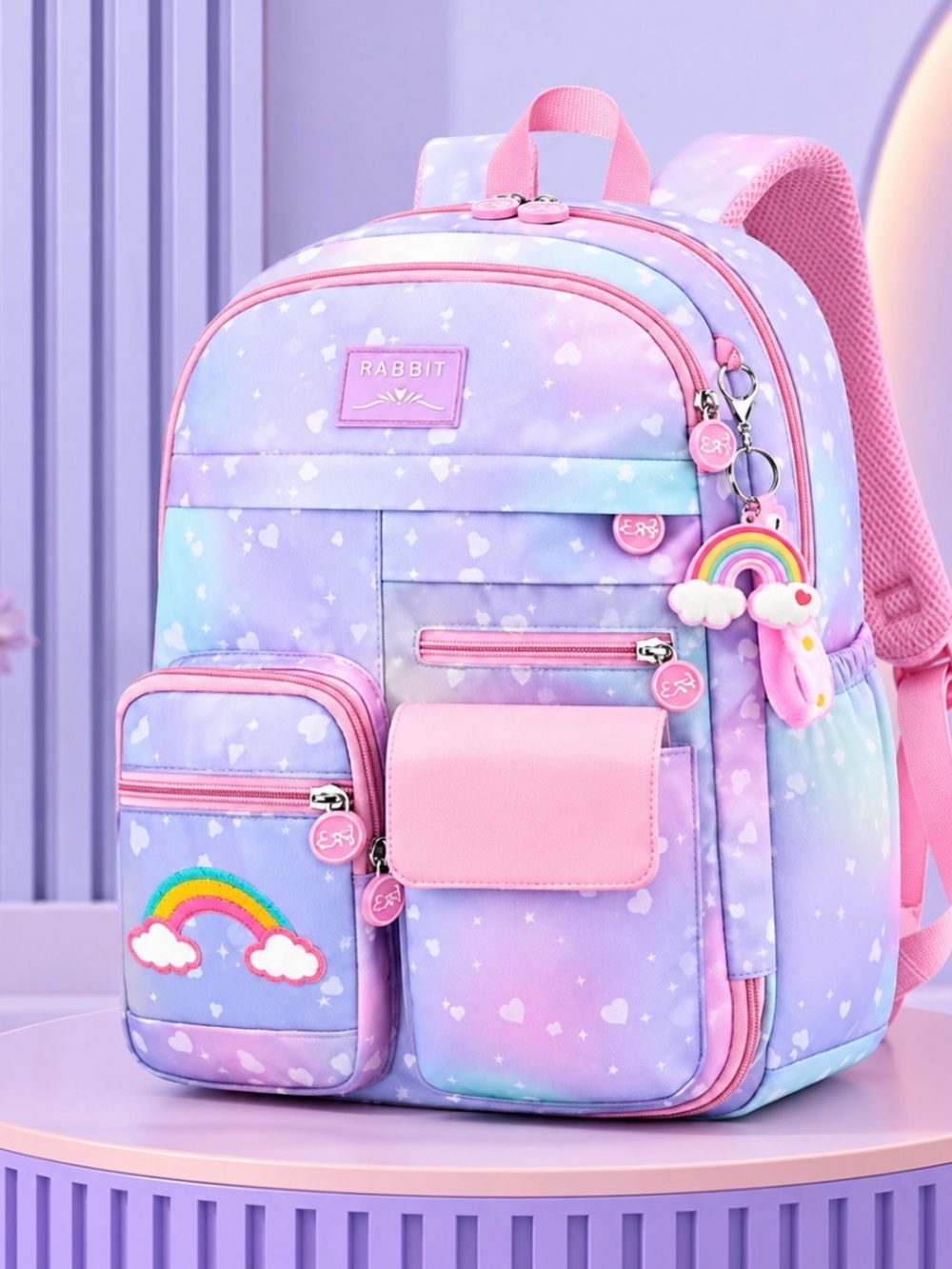 Girls Pastel Rainbow Backpack Pink Purple Multi Pocket School Bag